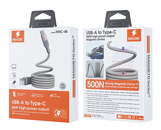 Купить Wekome Magneto Series Magnetic Data Cable USB A to Type-C 1m 66W (WDC-45) Grey
