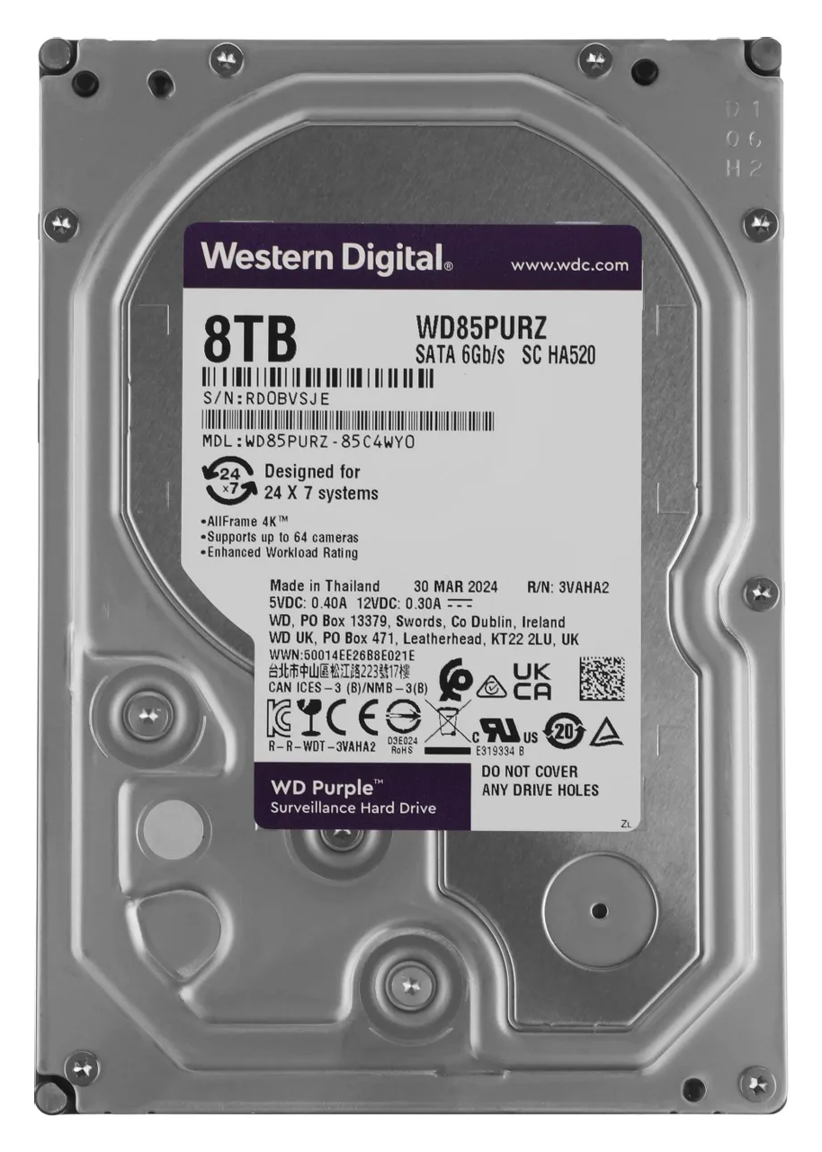 Купить WD HDD 8TB, SATA III, 3.5" (WD85PURZ)