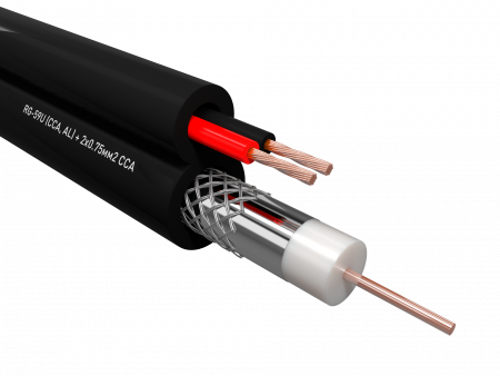 Купить Кабель коаксиальный RG-59U, 75 Ом (CCA, Оплетка AL) + 2x0.75 мм2 CCA, внешний, чёрный, 100 м